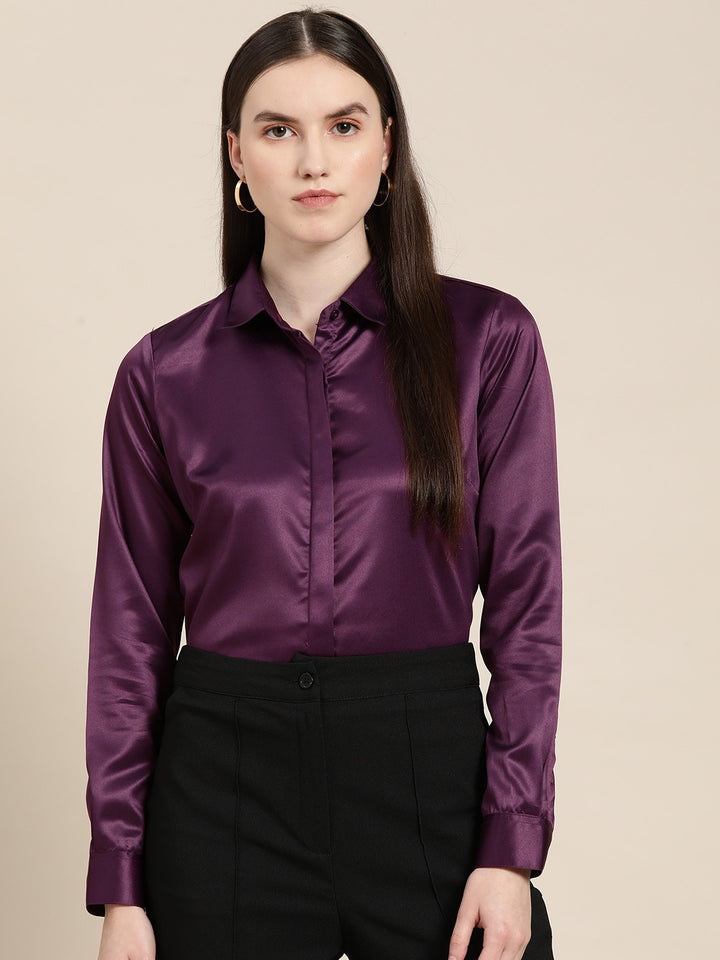 Women Burgundy Solid Satin Formal Shirt