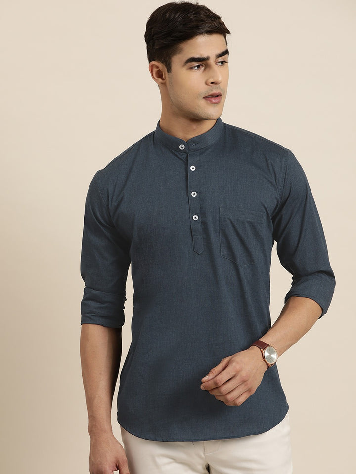 Men Navy Blue Solid Pure Cotton Slim Fit Casual Kurta