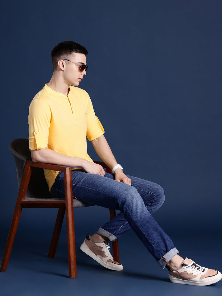 Men Yellow Solid Pure Cotton Relaxed Fit Henley T-Shirt