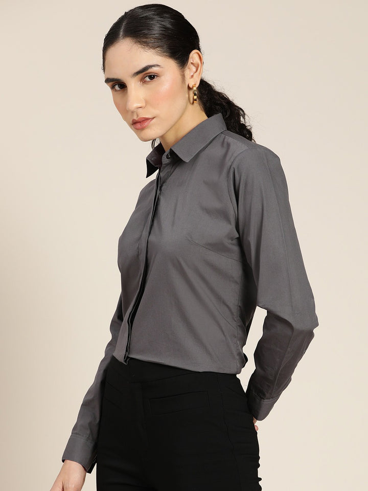 Women Grey Solid Pure Cotton Plus Size Formal Shirt