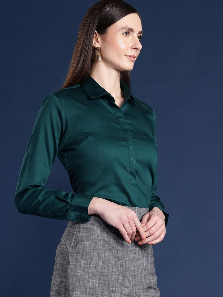 Women Green Solid Cotton Satin Stretchable Wrinkle Free Formal Shirt