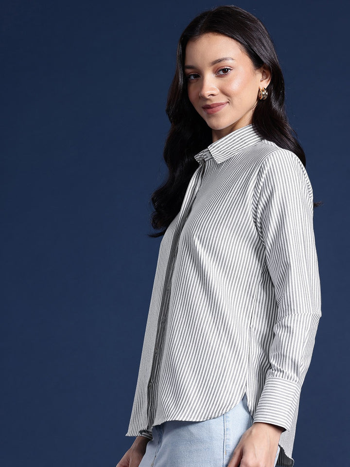 Women White & Grey Stripes Pure Cotton Boyfriend Fit Formal Shirt