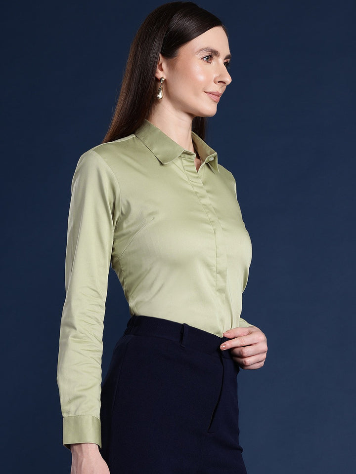 Women Green Solid Cotton Satin Stretchable Wrinkle Free Formal Shirt