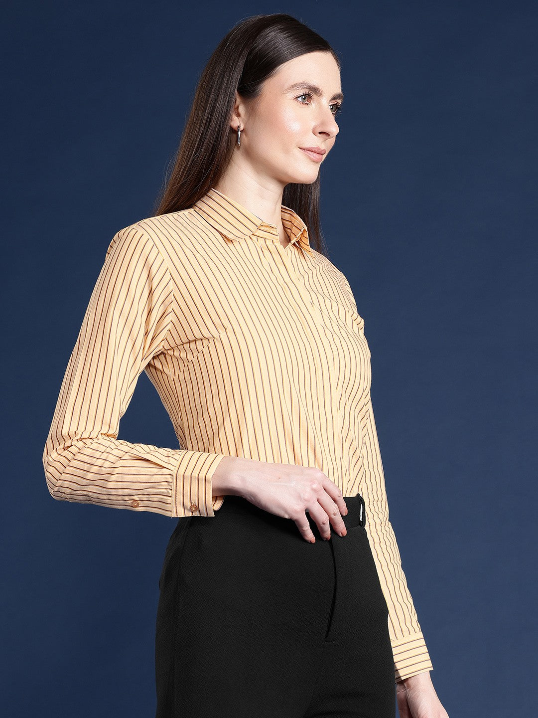 Women Yellow Stripes Pure Cotton Formal Shirt