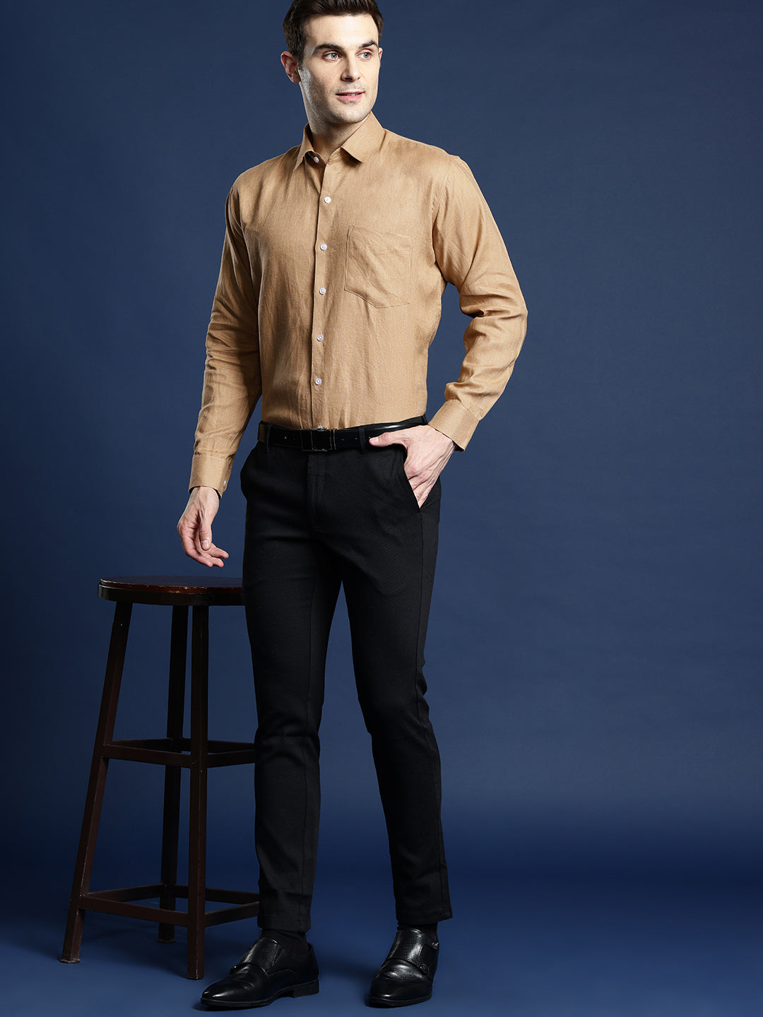 Men Khaki Solid Pure Linen Slim Fit Formal Shirt