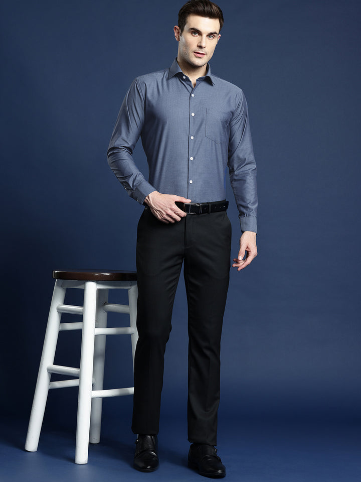 Men Navy Blue Textured Self Design Pure Cotton Slim Fit Formal Shirt