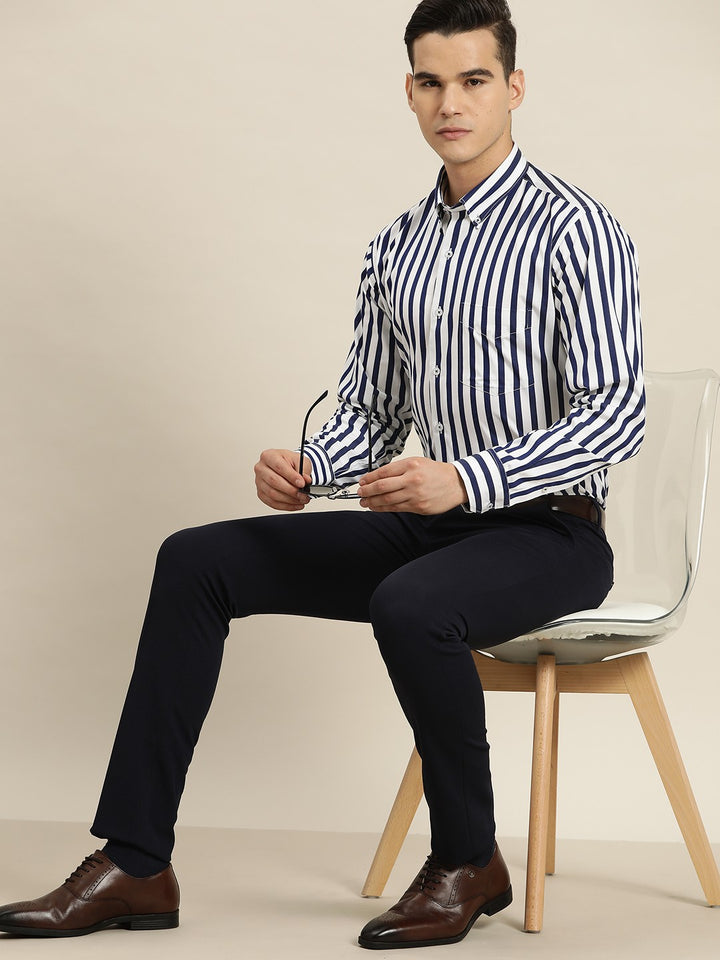 Men Navy & White Stripes Pure Cotton Slim fit Formal Shirt