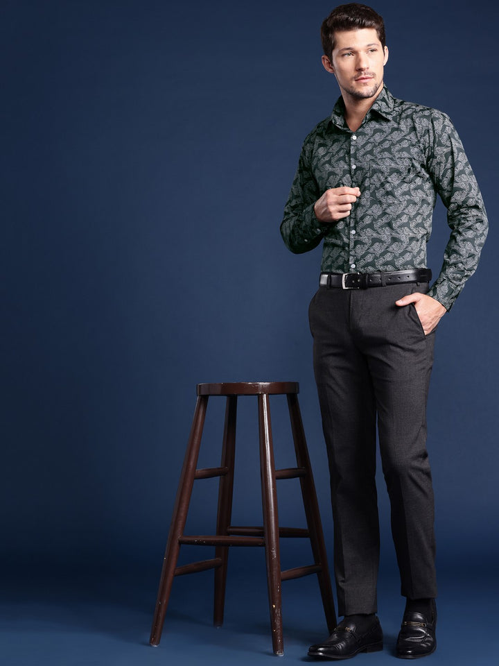 Men Bottle Green Printed Cotton Satin Slim Fit Formal Shirt