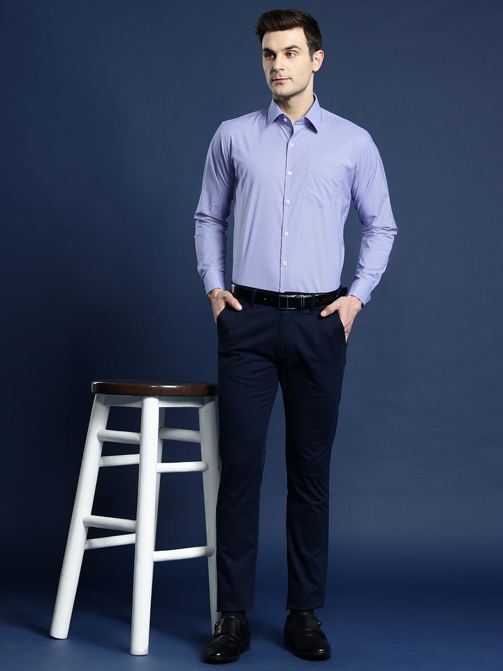 Men Blue Textured Self Design Pure Cotton Slim Fit Formal Shirt