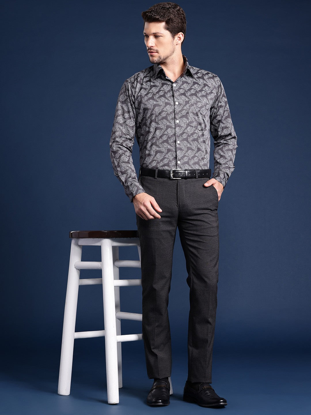 Men Dark Grey Printed Cotton Satin Slim Fit Formal Shirt