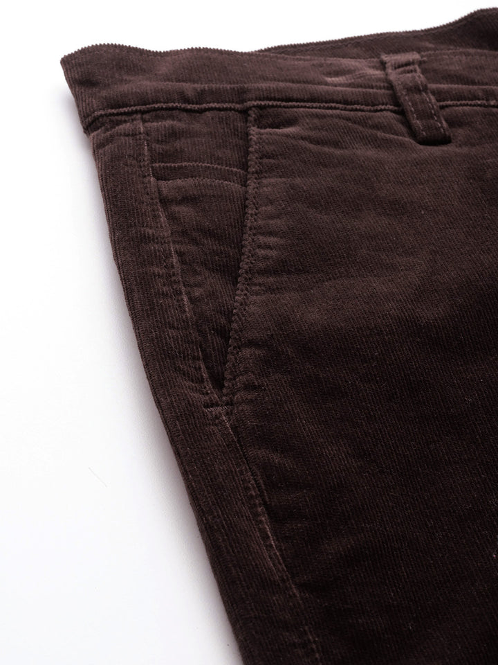 Men Coffee Solid Corduroy Cotton Elastane Stretchable Slim Fit Formal Trouser