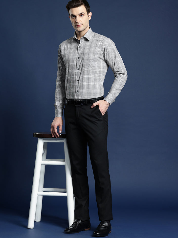 Men Grey Checked Pure Cotton Slim Fit Formal Shirt