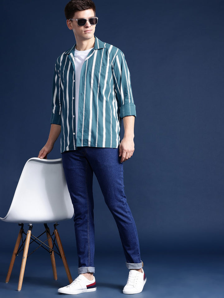 Men Teal blue Striped Pure Cotton Relaxed Fit Casual Shirt