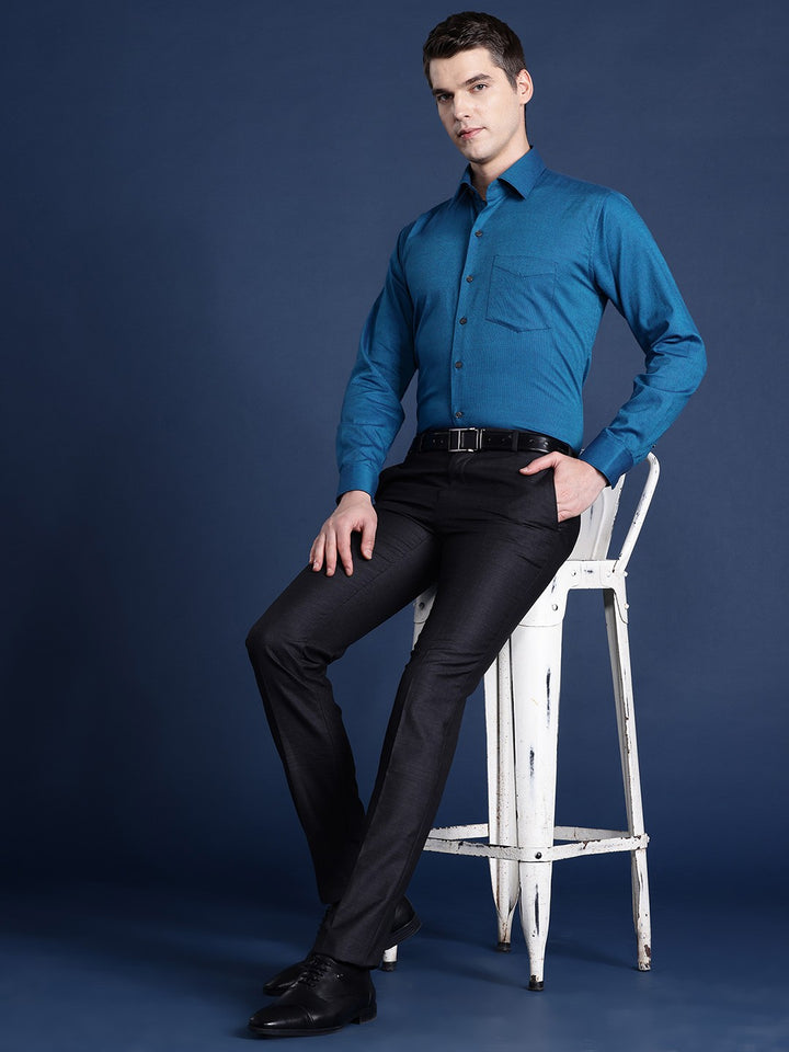 Men Turquoise Blue Solid Pure Cotton Slim Fit Formal Shirt