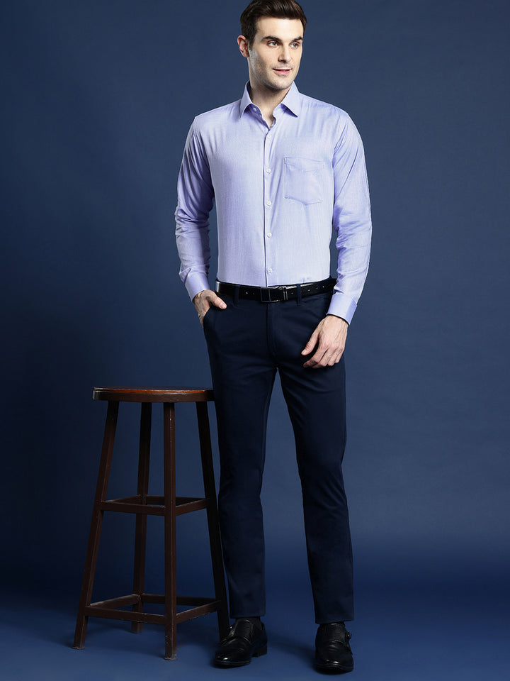 Men Blue Textured Self Design Pure Cotton Slim Fit Formal Shirt