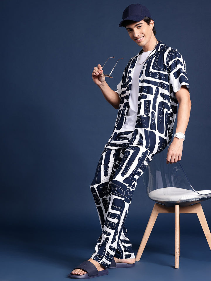 Men Navy Blue & White Printed Viscose rayon Regular Fit Casual Co &Ord Sets