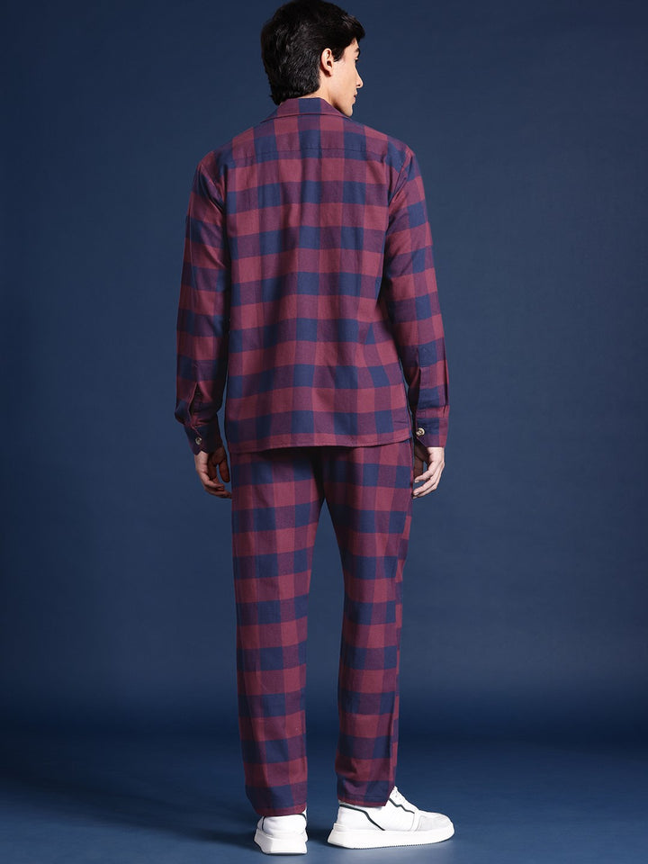 Men Maroon& Navy Blue Checked Pure Cotton Regular Fit Casual Co &Ord Sets