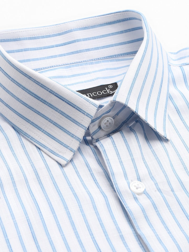 Men White & Blue Striped Linen Slim Fit Formal Shirt