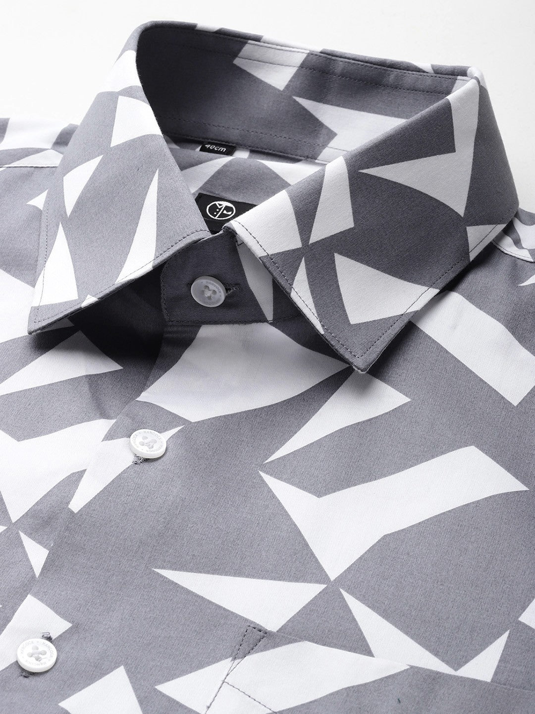 Men White & Grey Printed Cotton Satin Slim Fit Formal Shirt