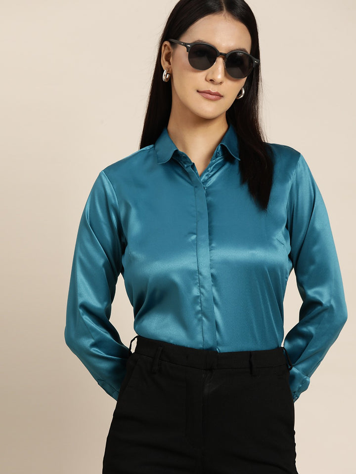 Women Green Solid Satin Formal Shirt