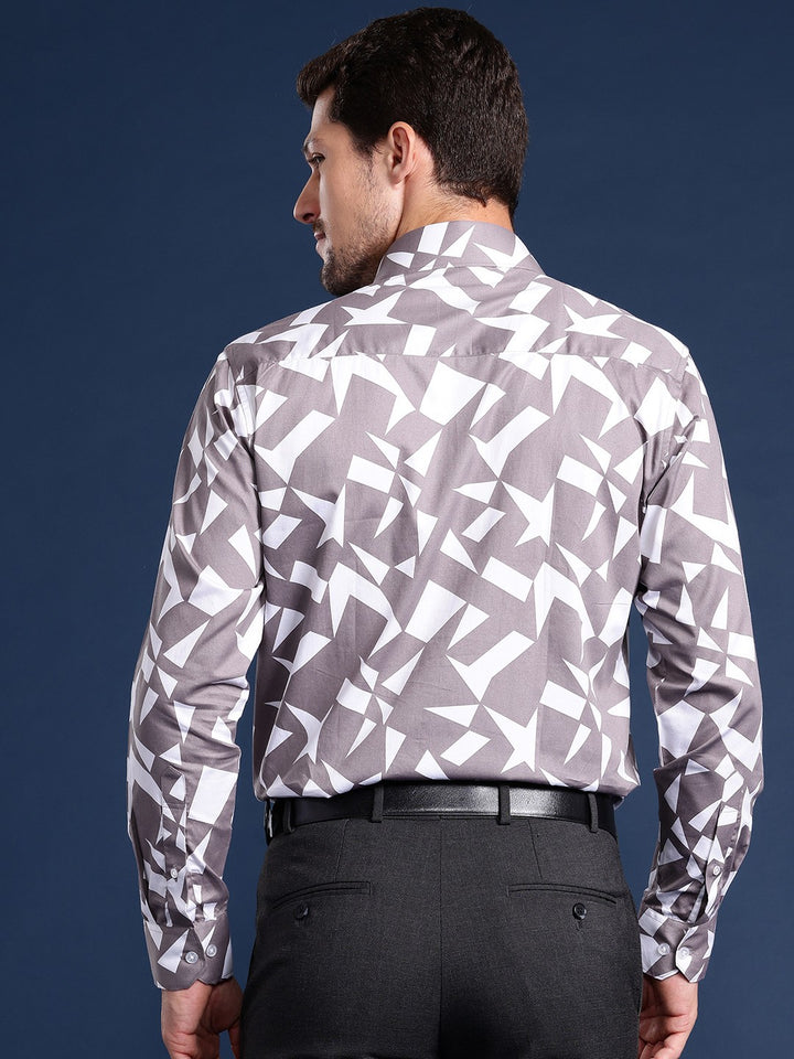 Men White & Mauve Printed Cotton Satin Slim Fit Formal Shirt