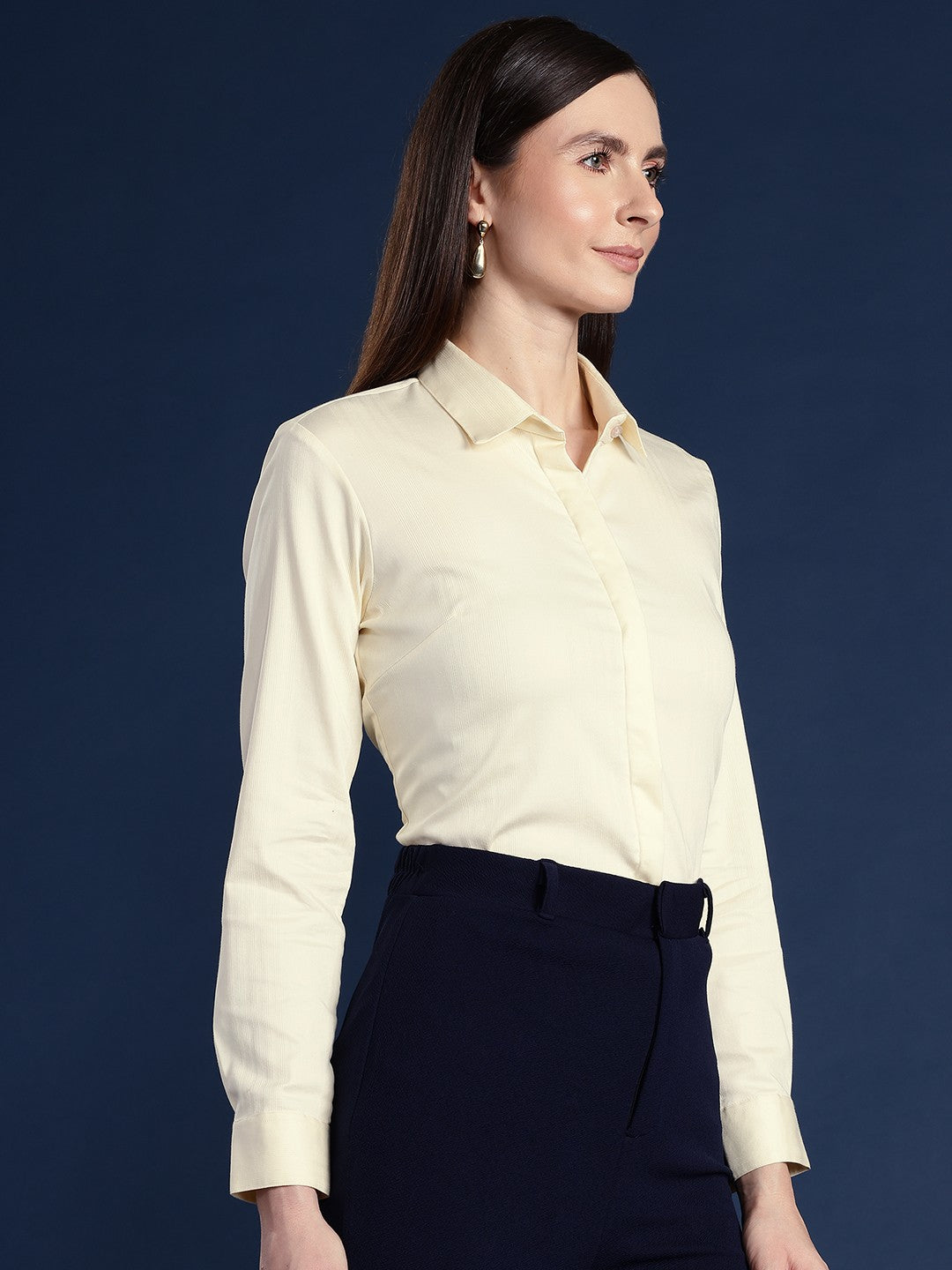 Women Yellow Solid Self Design, Pure Cotton Stretchable Wrinkle Free Formal Shirt