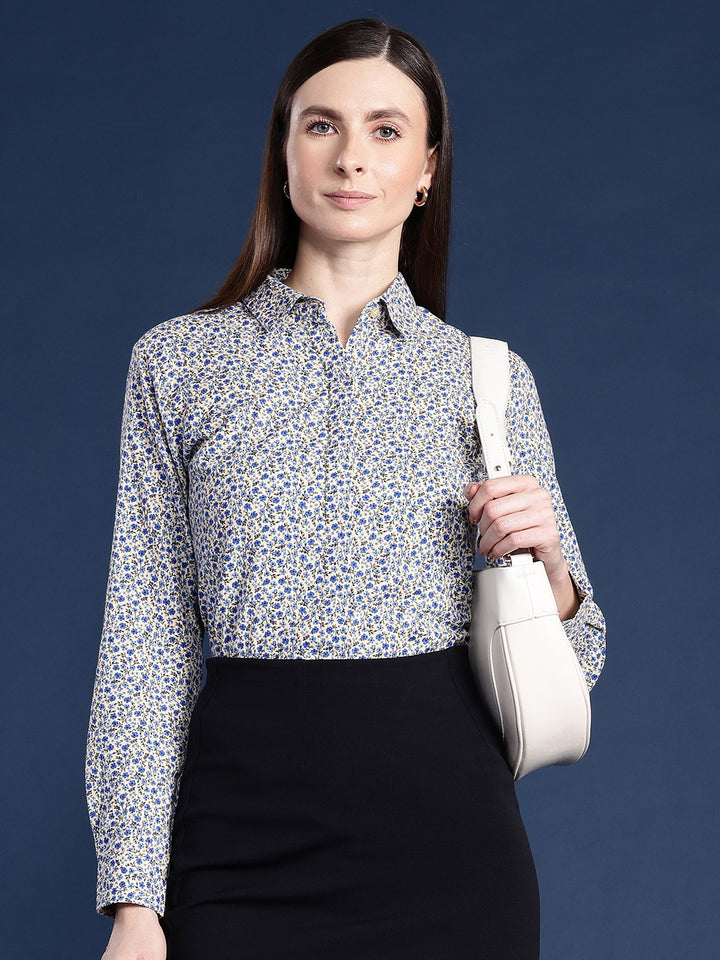 Women Cream Floral Pure Cotton Formal Shirt