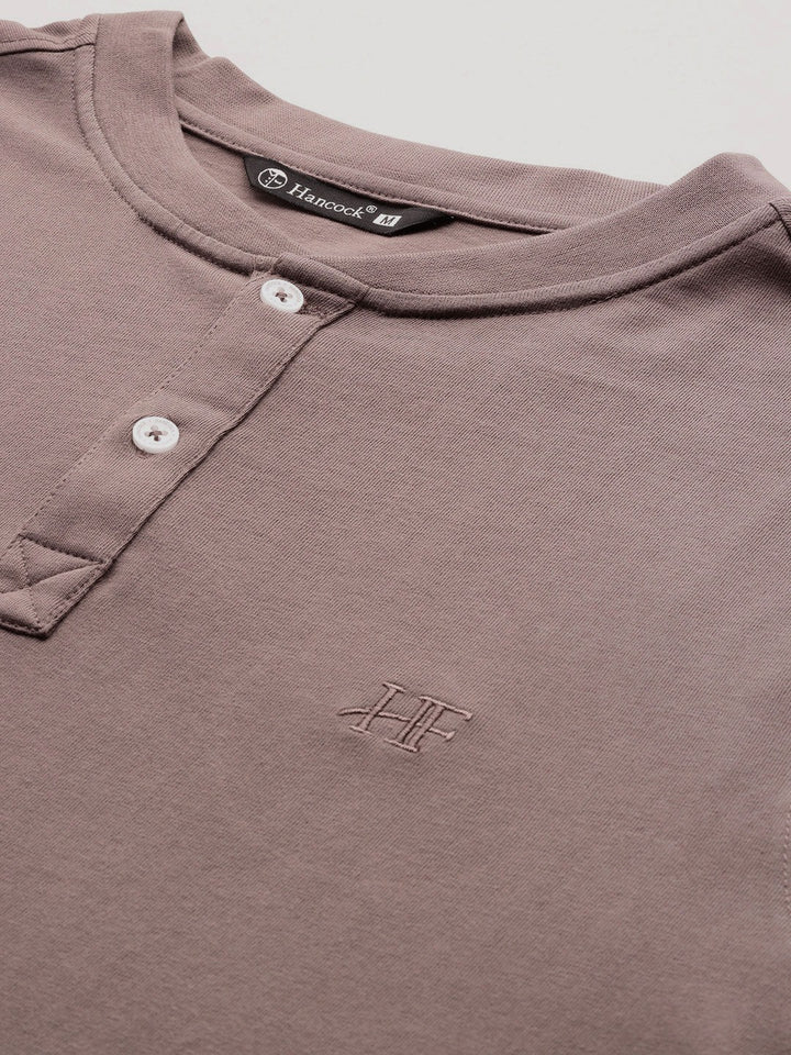 Men Dusty Mauve Solid Pure Cotton Relaxed Fit Henley T-Shirt