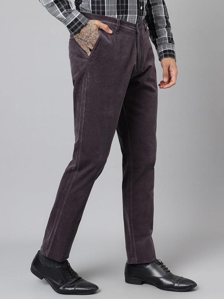 Men Grey Solid Corduroy Cotton Elastane Stretchable Slim Fit Formal Trouser