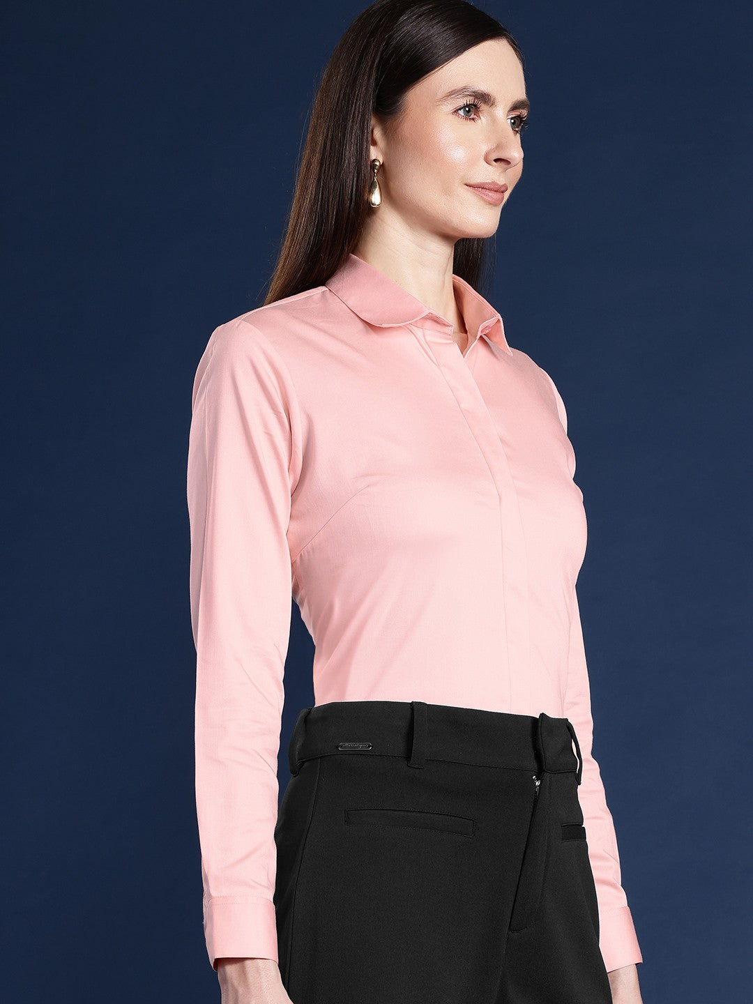 Women Peach Solid Cotton Satin Stretchable Wrinkle Free Formal Shirt