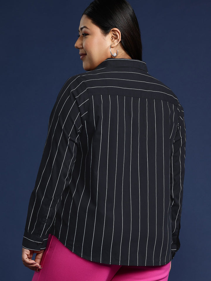 Women Black Stripes Pure Cotton Plus Size Formal Shirt