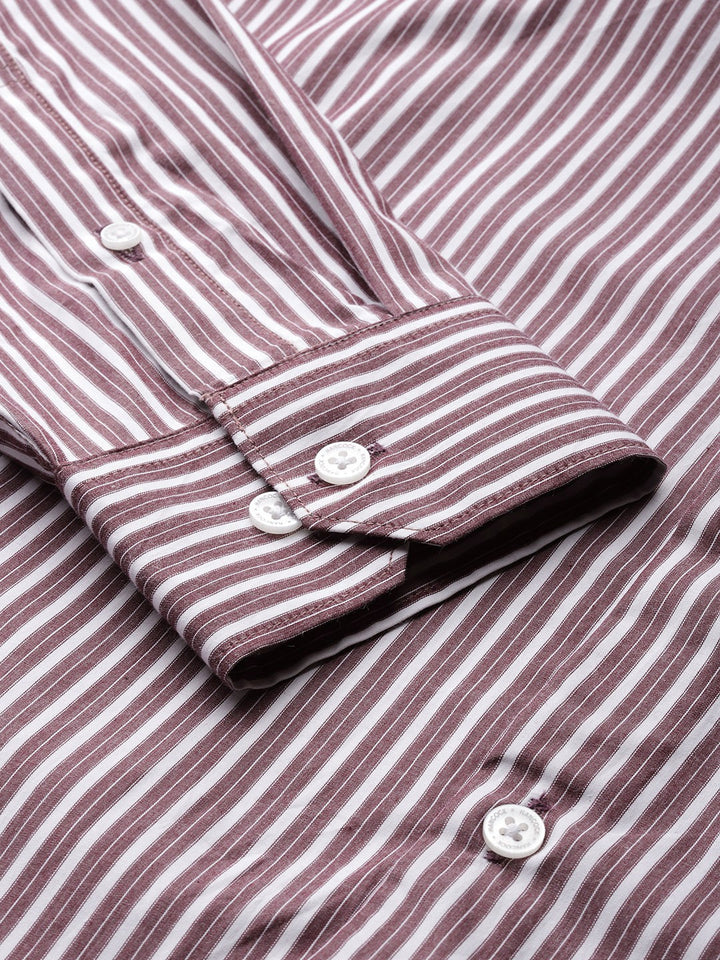 Men Wine Striped Pure Cotton Slim Fit Formal Shirt