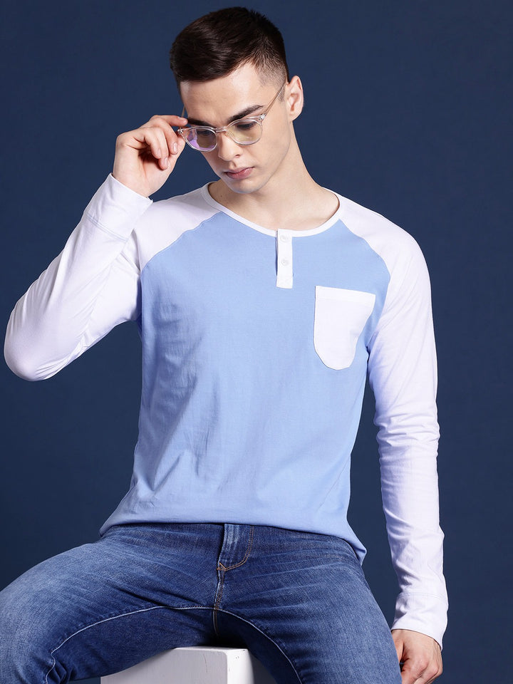 Men Blue & White Solid Pure Cotton Slim Fit Henley T-Shirt