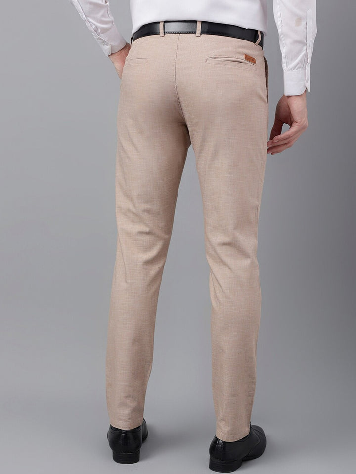 Men Beige Solid Cotton Elastane Slim Fit Formal Trouser