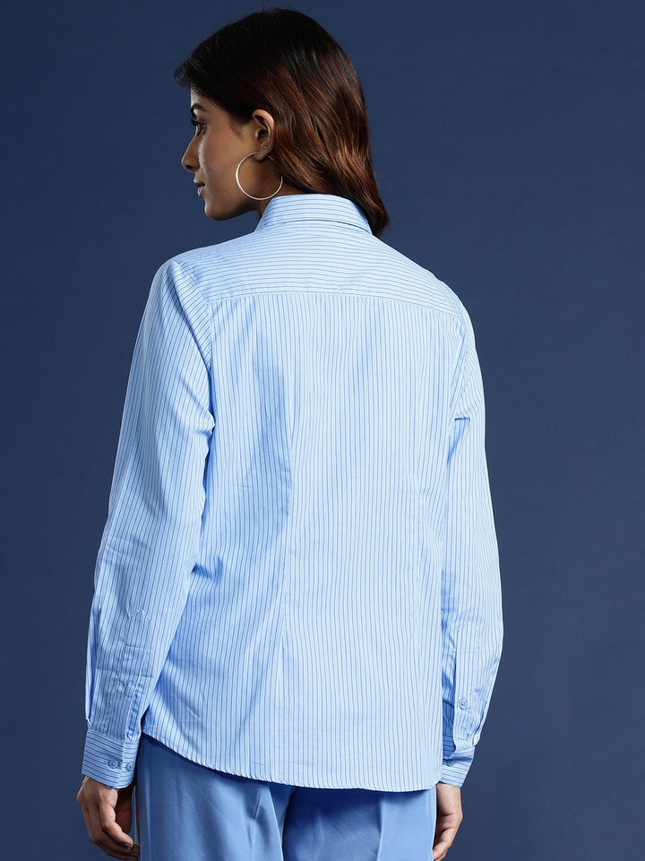 Women Blue Stripes Pure Cotton Formal Shirt