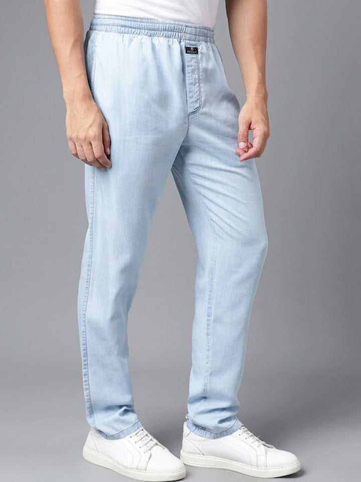 Men Blue Solid Cotton Regular Fit Casual Trouser