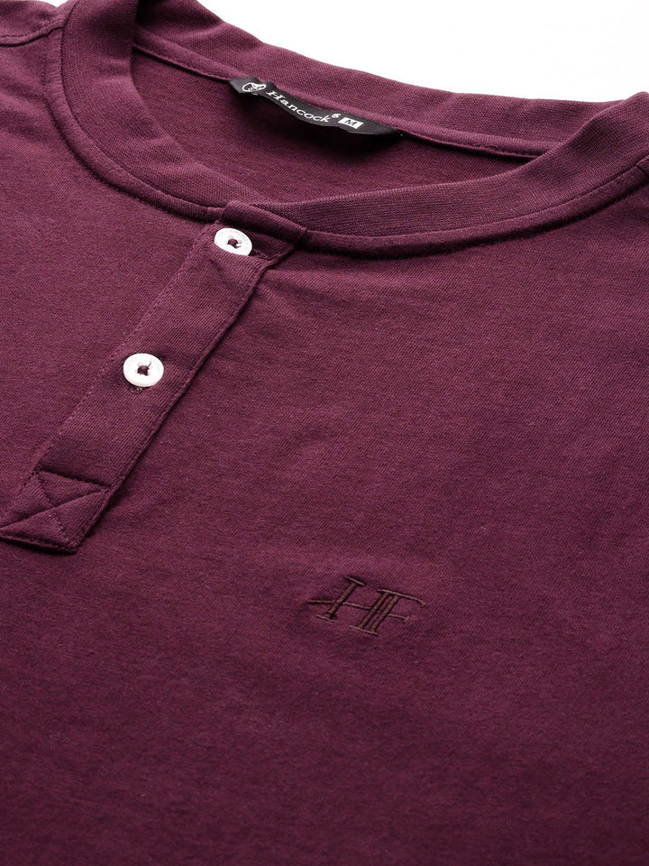 Men Burgundy Solid Pure Cotton Relaxed Fit Henley T-Shirt