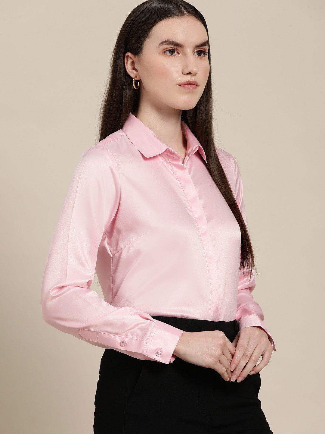 Women Pink Solid Satin Formal Shirt