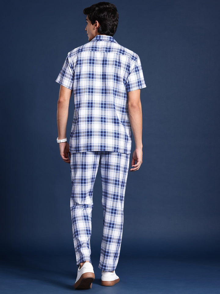 Men White & Blue Flannel Checked Pure Cotton Regular Fit Casual Co &Ord Sets