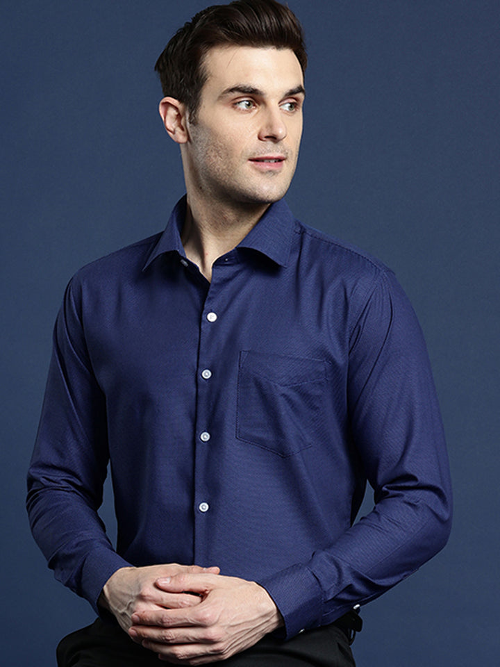 Men Navy Blue Textured Self Design Pure Cotton Slim Fit Formal Shirt