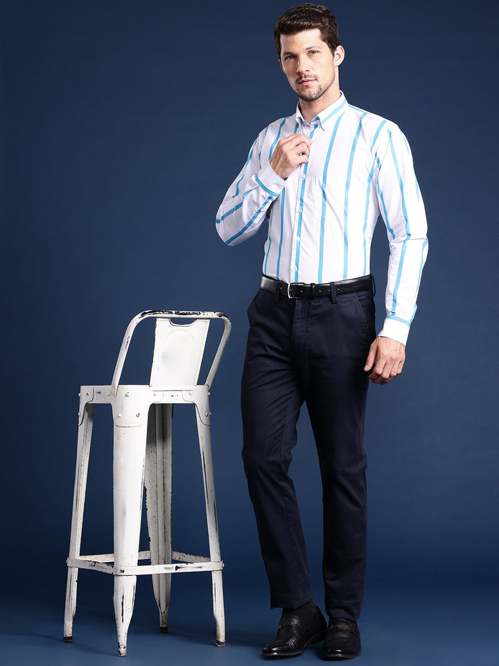 Men White Striped Pure Cotton Slim Fit Formal Shirt