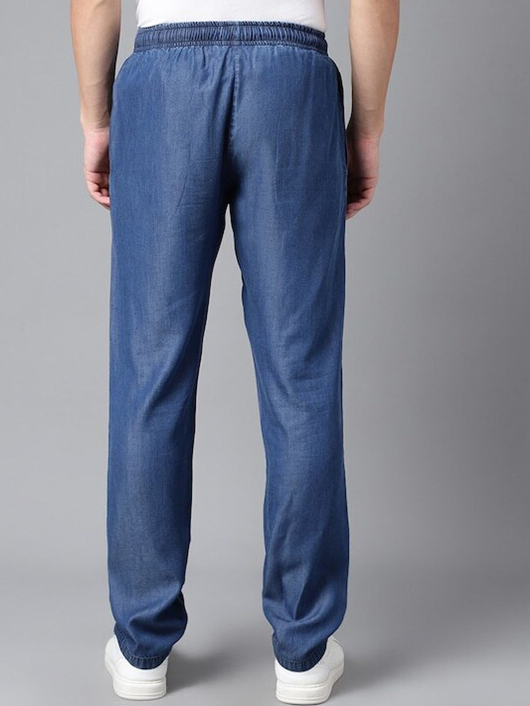 Men Light Blue Solid Cotton Regular Fit Casual Trouser