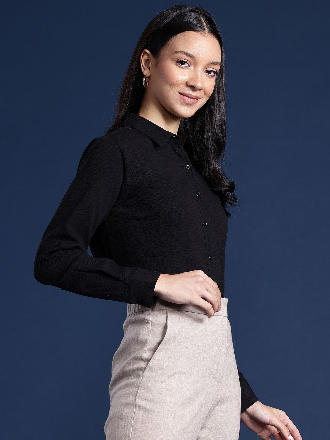 Women Black Solid Seersucker Formal Shirt