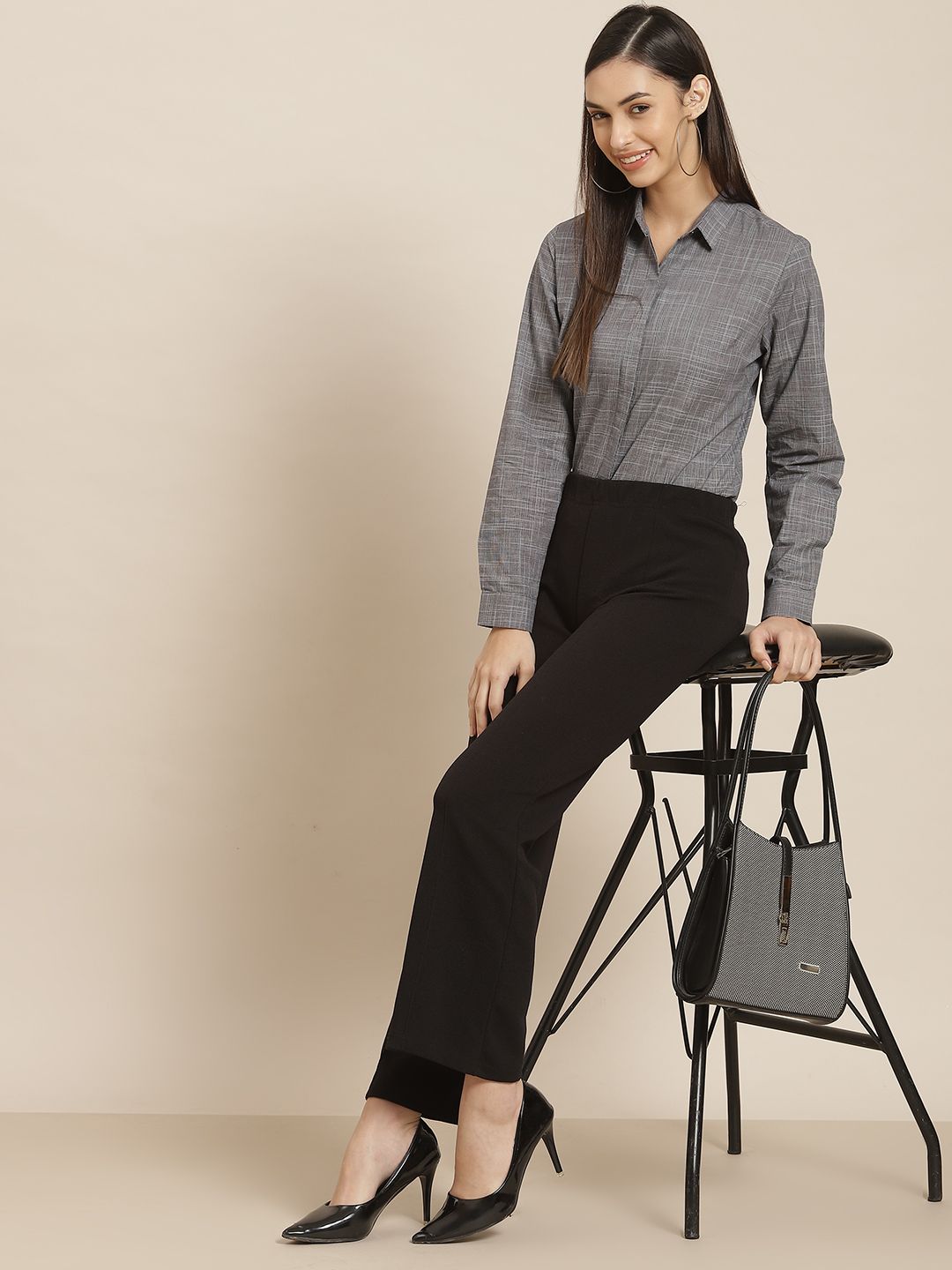 Women Grey Solid Chamray Pure Cotton Slim Fit Formal Shirt