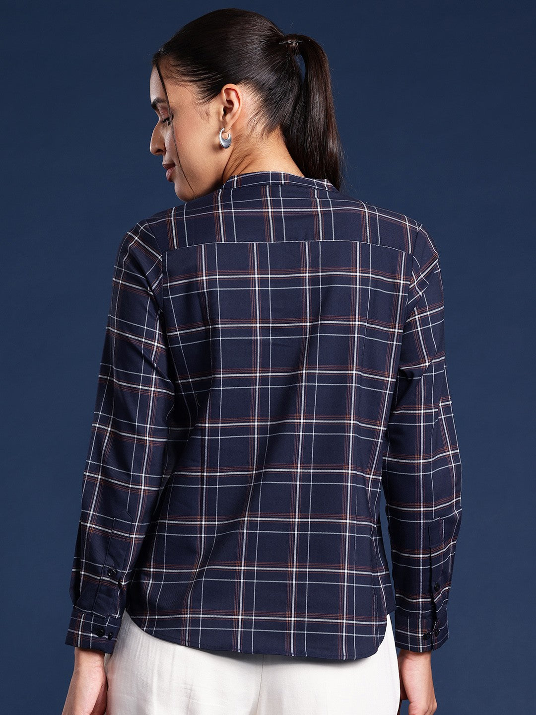 Women Navy Blue Checks Pure Cotton Regular Fit Formal