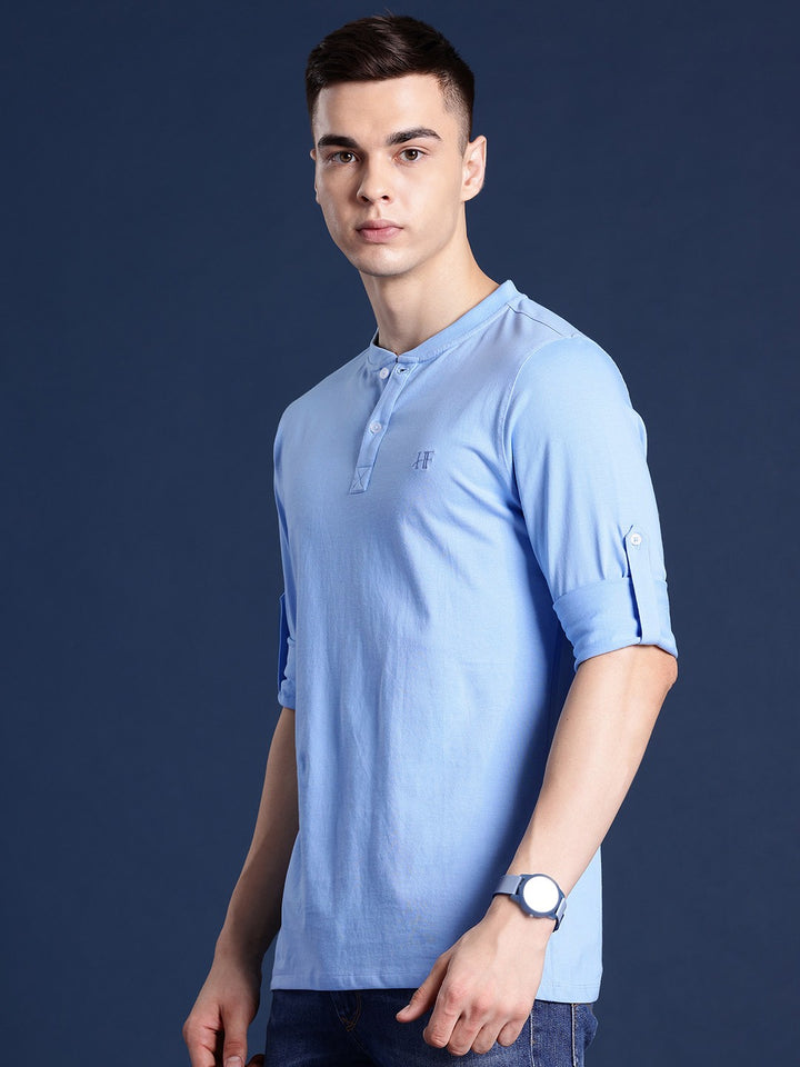 Men Blue Solid Pure Cotton Relaxed Fit Henley T-Shirt