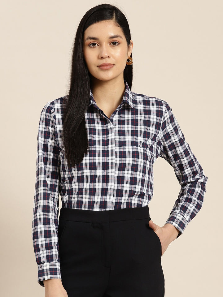 Women Navy Blue Checks Pure Cotton Formal Shirt