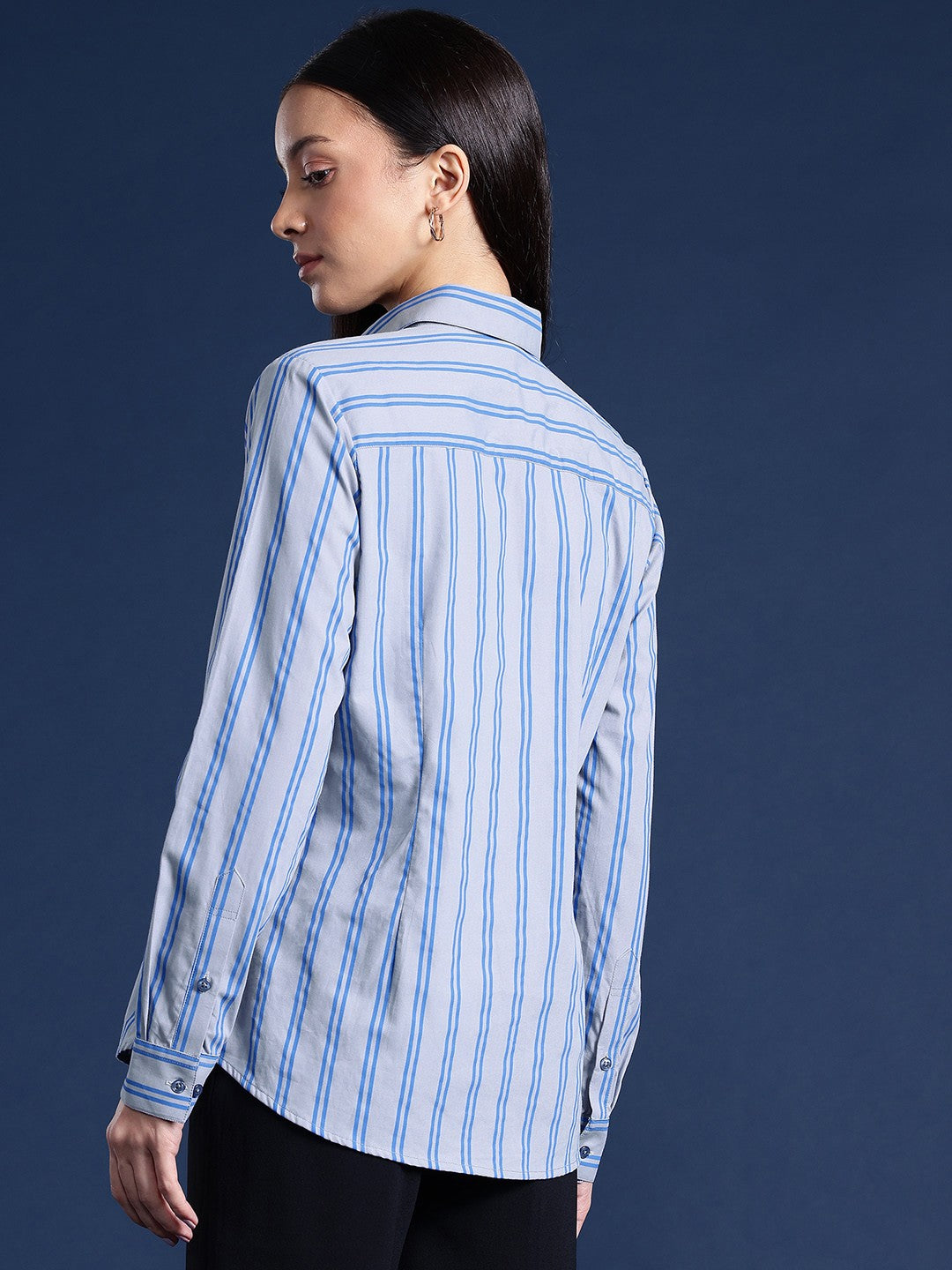 Women Grey & Blue Stripes Pure Cotton Formal Shirt