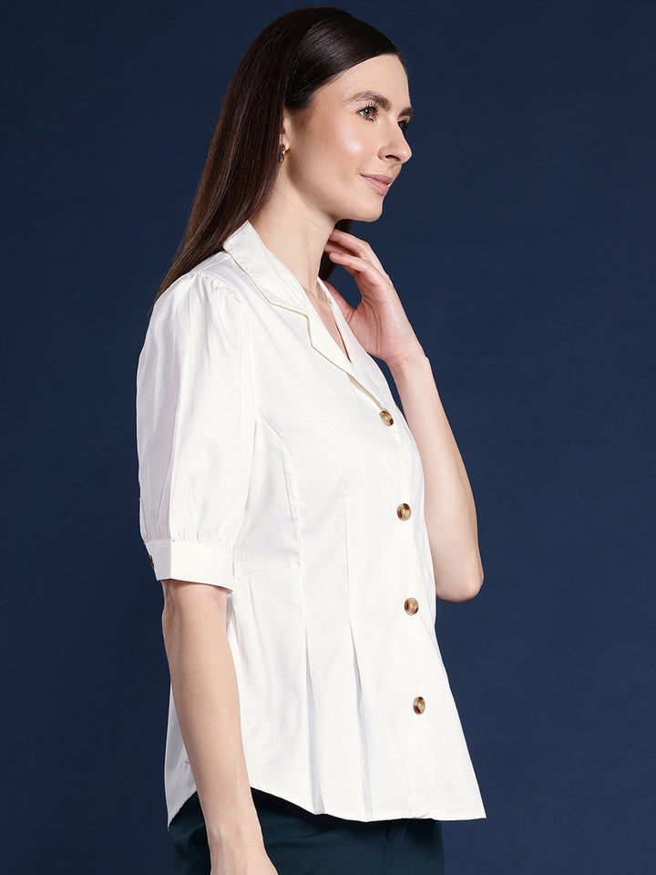 Women Cream Solid Pure Cotton Satin Pleated Formal Shirt