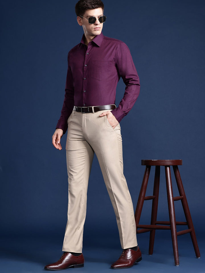 Men Burgundy Solid Pure Cotton Slim Fit Formal Shirt